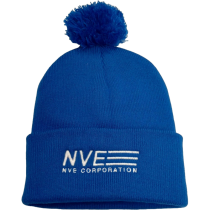 NVE logo knit pom pom beanie hat, blue