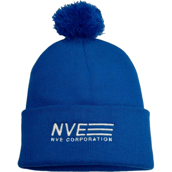 NVE logo knit pom pom beanie hat, blue
